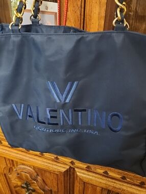 Valentino Navy Embroidered Logo Tote with Gold Chain Handles